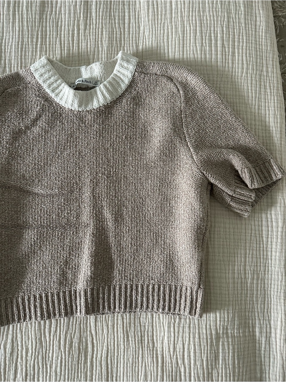 Abercrombie & Fitch Taupe Short-Sleeve Crewneck Sweater with White Trim - Picture 3 of 3